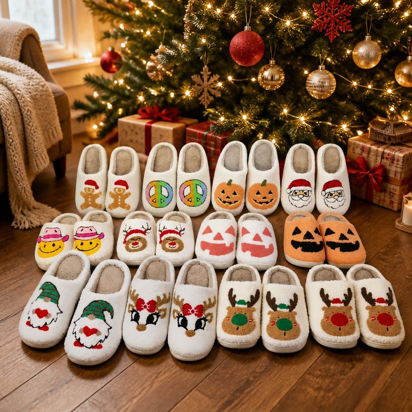 Christmas and holiday themed chenille slipper collection with Santa, reindeer, and gingerbread designs