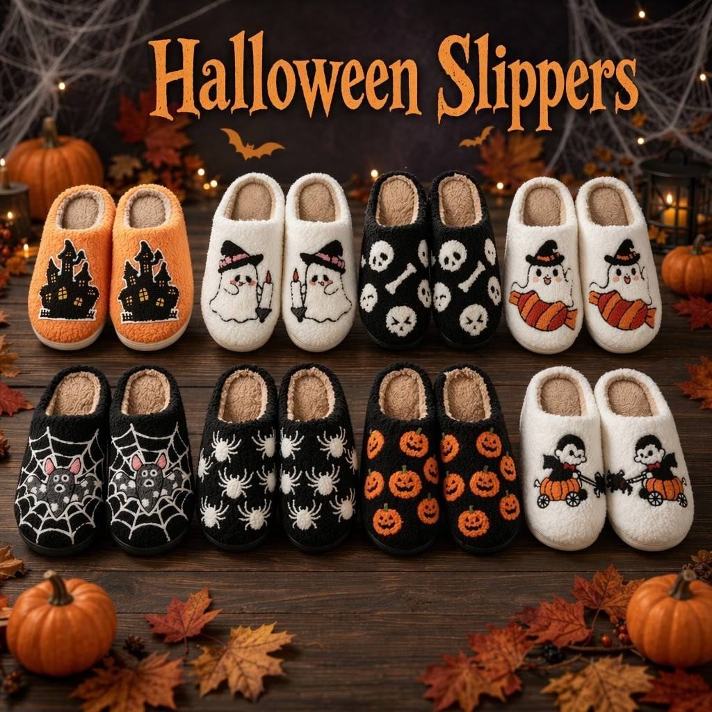 Halloween themed chenille slipper collection with pumpkin, ghost, bat, and skull embroidery