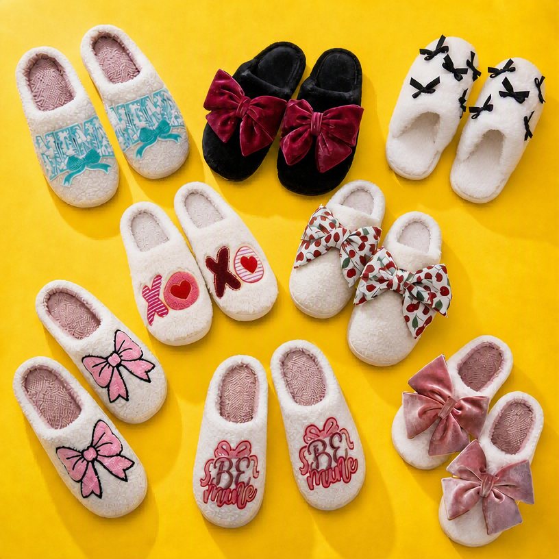 Valentine's Day themed chenille slipper collection with bow-tie and butterfly embroidery