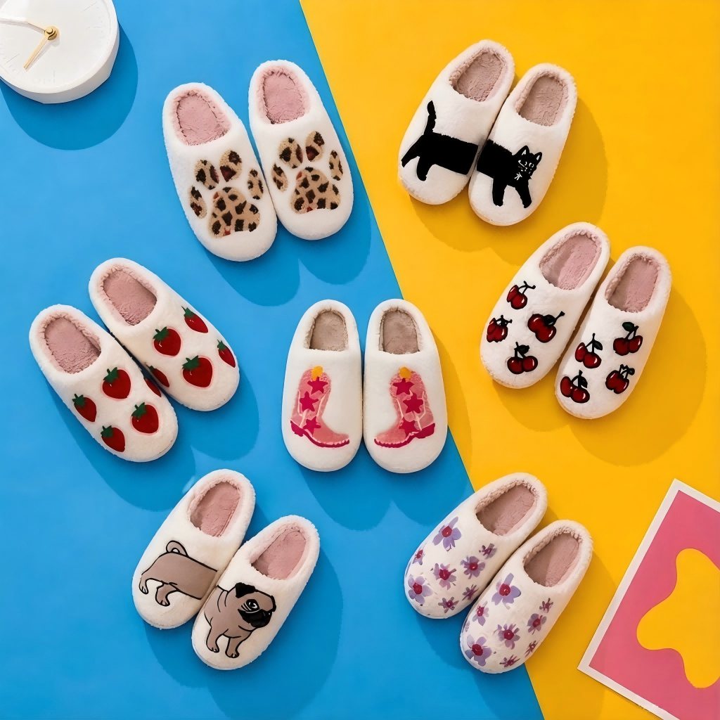 Year-round cute chenille slipper collection with leopard, cat, strawberries, cherries, pug, and floral embroidery